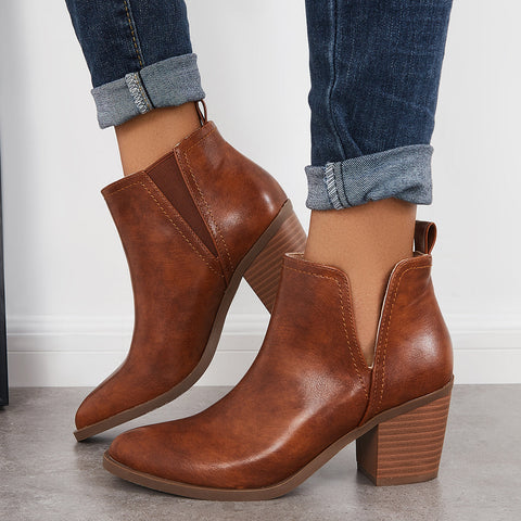Cutout Western Ankle Cowboy Boots Chunky Stacked Heel Booties