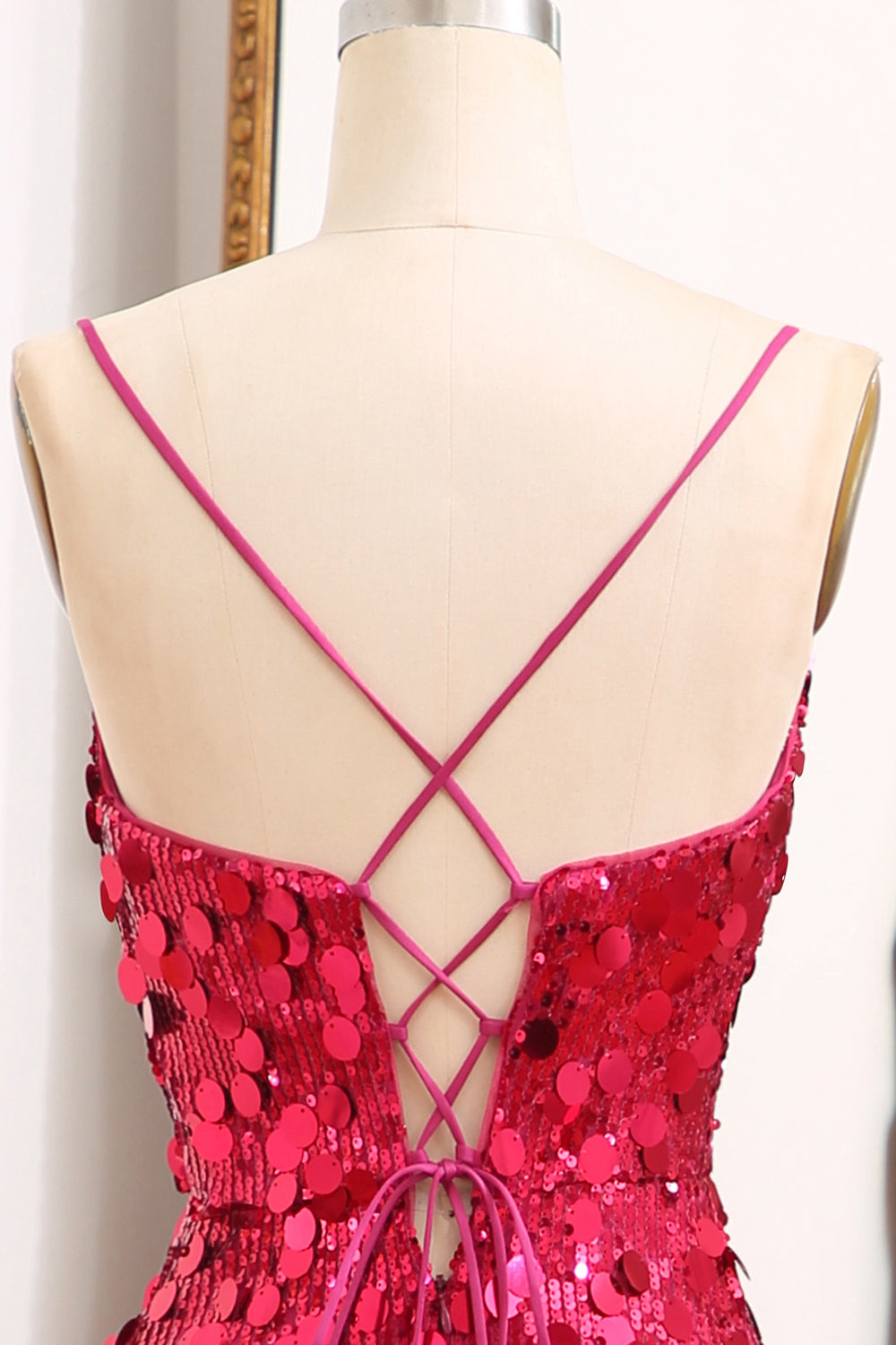 Sparkly Mermaid Spaghetti Straps Fuchsia Sequins Long Prom Dress with Split Front