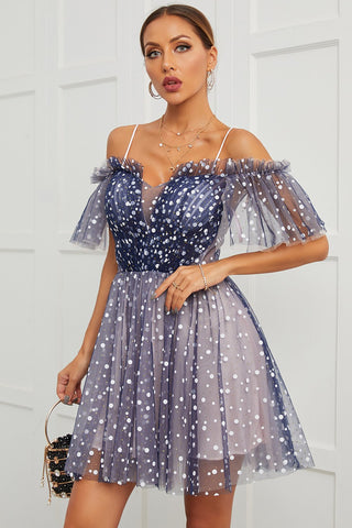 Schulterfreies Cocktailkleid mit Polka Dots