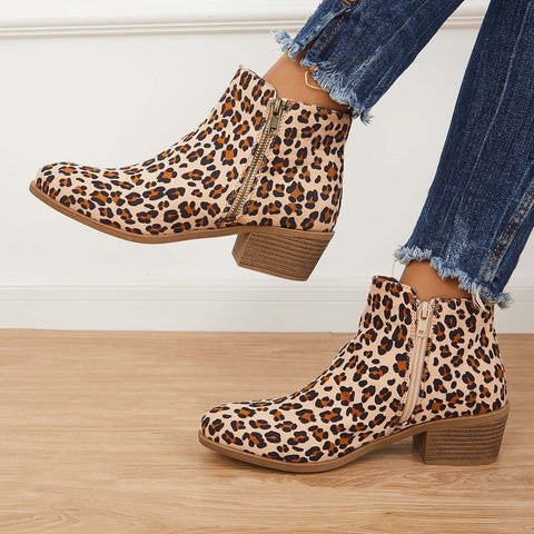 Chunky Block Heel Ankle Boots Side Zipper Booties