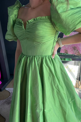 Ruffled Puff Sleeves Satin Long Prom Dress