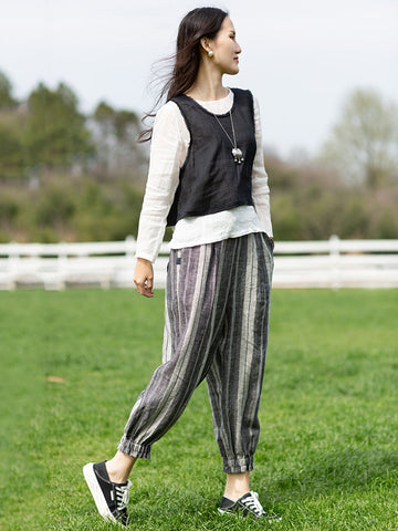Plus Size Women Retro Stripe Yarn-dyed Pocket Loose Linen Harem Pants