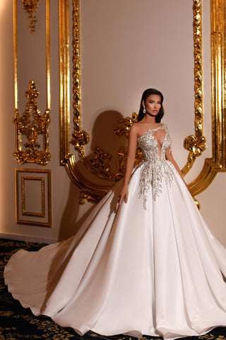 One Shoulder Long Sleeves Princess Wedding Dress With Beads