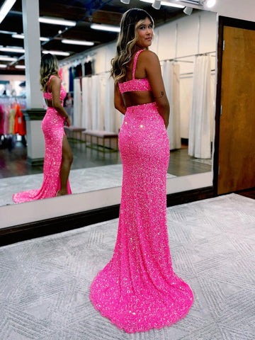 Mermaid V Neck Sequins Prom Dress with Slit