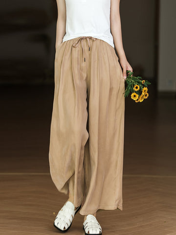 Women Solid Pleat Drawstring Pocket Loose Straight-leg Pants