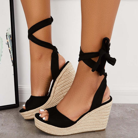 Lace up Espadrille Heel Platform Wedges Ankle Strap Sandals