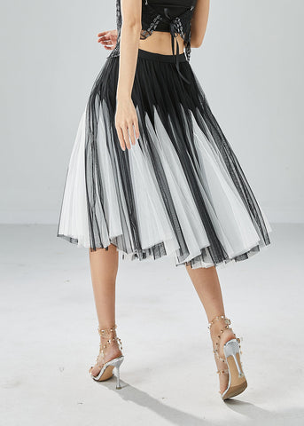 French Black White Patchwork Exra Large Hem Tulle Pleated Skirts Summer