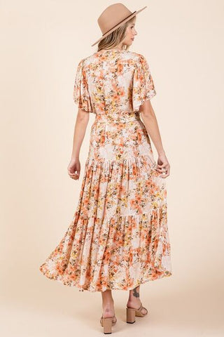Floral Tie Waist Flutter Sleeve Tiered Summer Dress