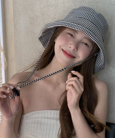 Stylish Black White Plaid Drawstring Bucket Hat