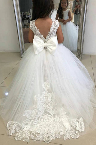 Elfenbeinfarbenes Tüllkleid für Blumenmädchen mit Schleife