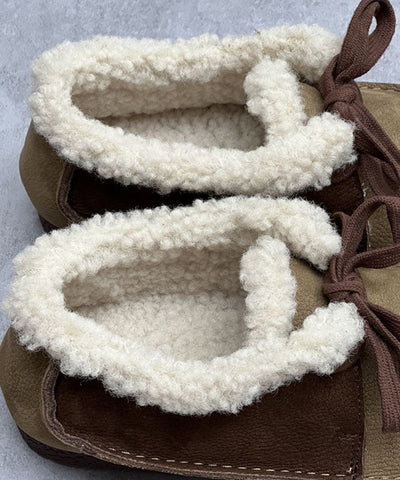 Coffee Flat Shoes For Women Lace Up Fuzzy Wool Lined Flat Shoes For Women