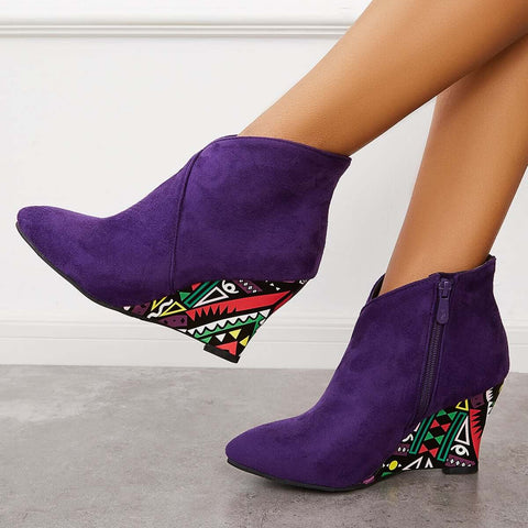 Suede Wedge High Heeled Ankle Boots Pointed Toe Dress Booties