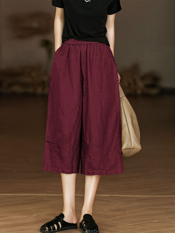 Women Summer Solid Casual Pocket Wide-leg Linen Pants