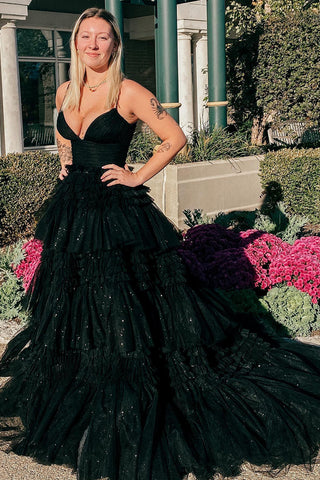 Tulle Tiered Spaghetti Straps Long Prom Dress with Slit
