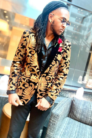Shawl Lapel One Button Black Golden Jacquard Men's Prom Blazer