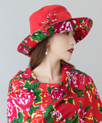 Schlapphut aus Leinen mit rotem Print im Vintage-Stil