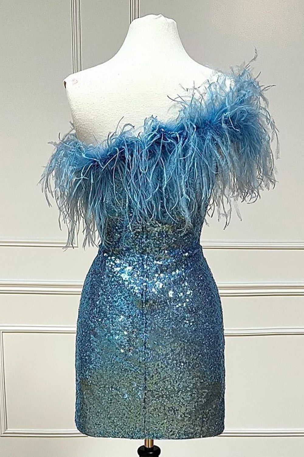 Sheath One Shoulder Light Blue Sequins Homecoming Dress with Feather