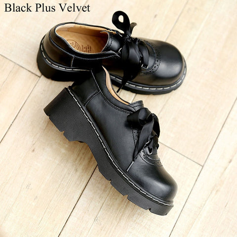 Women Ribbon Lace Up Oxford Shoes Genuine Split Leather Brogues New Arrival Retro Ladies Flats Zapatos De Mujer