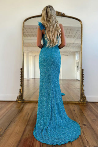 Mermaid One Shoulder Blue Sequins Long Prom Dress with Split Front