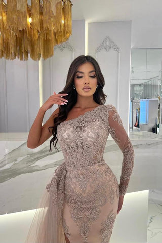 One Shoulder Mermaid Evening Dress Long Sleeve Lace With Slit