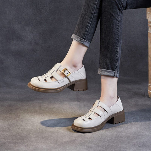 Women Summer Retro Plaited Leather Chunky Heel Sandals
