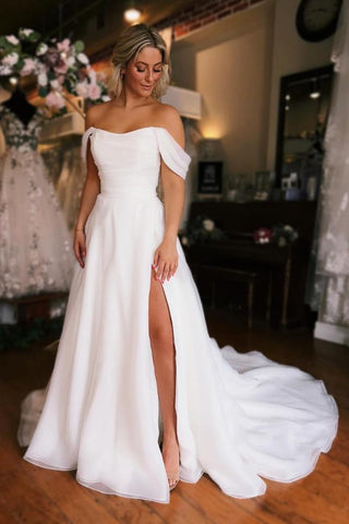 Bmbridal Satin Wedding Dress Off-the-Shoulder Slit Long
