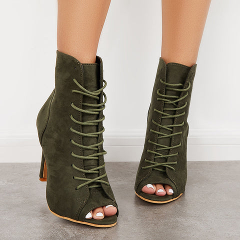 Peep Toe Stiletto High Heel Ankle Boots Lace Up Booties