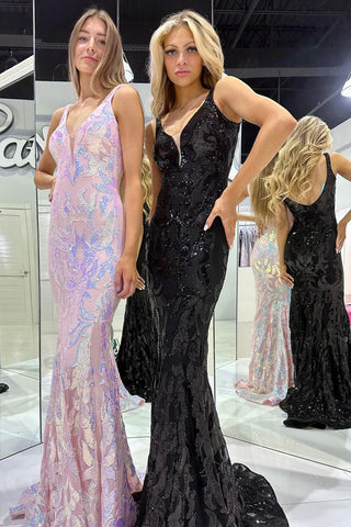 Mermaid V Neck Sequined Lace Long Prom Dress