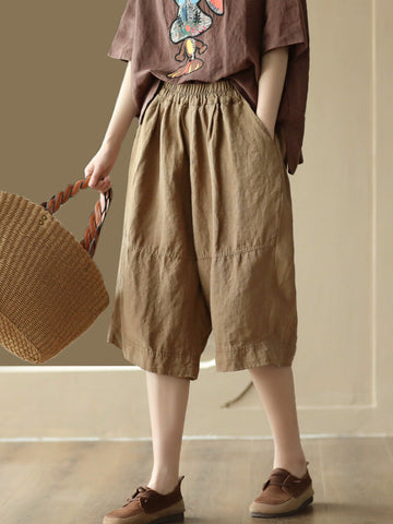Women Summer Vintage Solid Spliced Pocket Loose Linen Pants