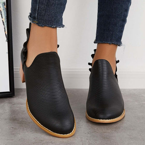 V-Cut Ruffle Ankle Boots Slip on Chunky Stacked Heel Booties