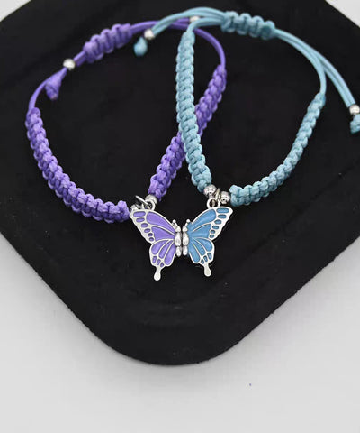 Cute Pink Weave Alloy Butterfly Adjustable A Pair Charm Bracelet