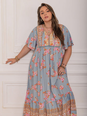Plus Size Floral Sleeve Beach Maxi Dress