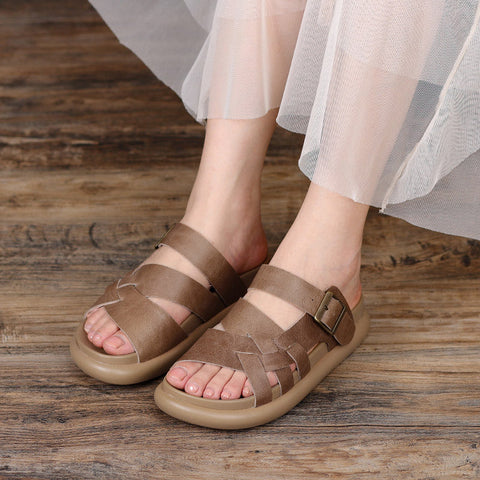 2022 Retro Leder Klett Hausschuhe Sandalen