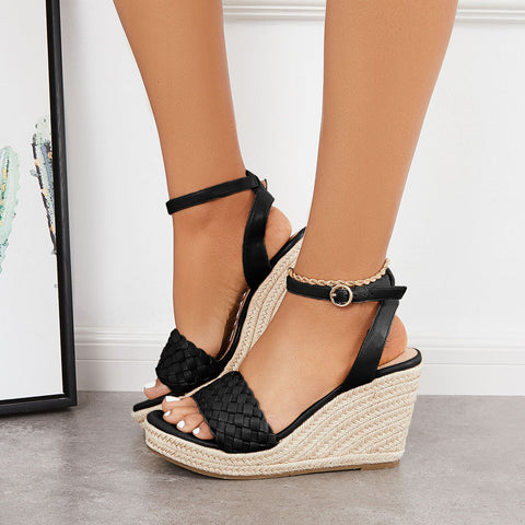 Open Toe Espadrille Wedges Braided Vamp Ankle Strap Sandals
