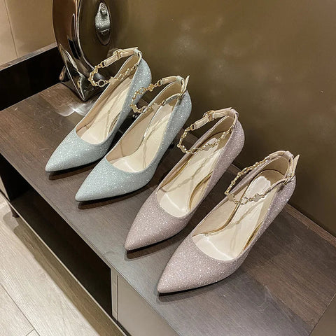 Silver straight line buckle French high heels fashionable slim heels pointed single shoes bride bridesmaids wedding shoes women