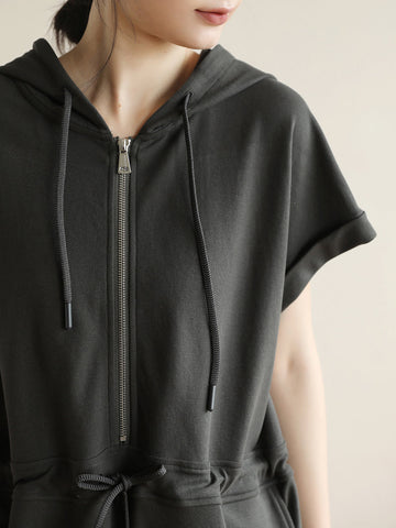 Women Summer Casual Solid Drawstring Cotton Hooded Jumpsuits