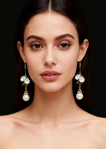 Beautiful Chrysanthemum Fine Pearl Drop Earrings