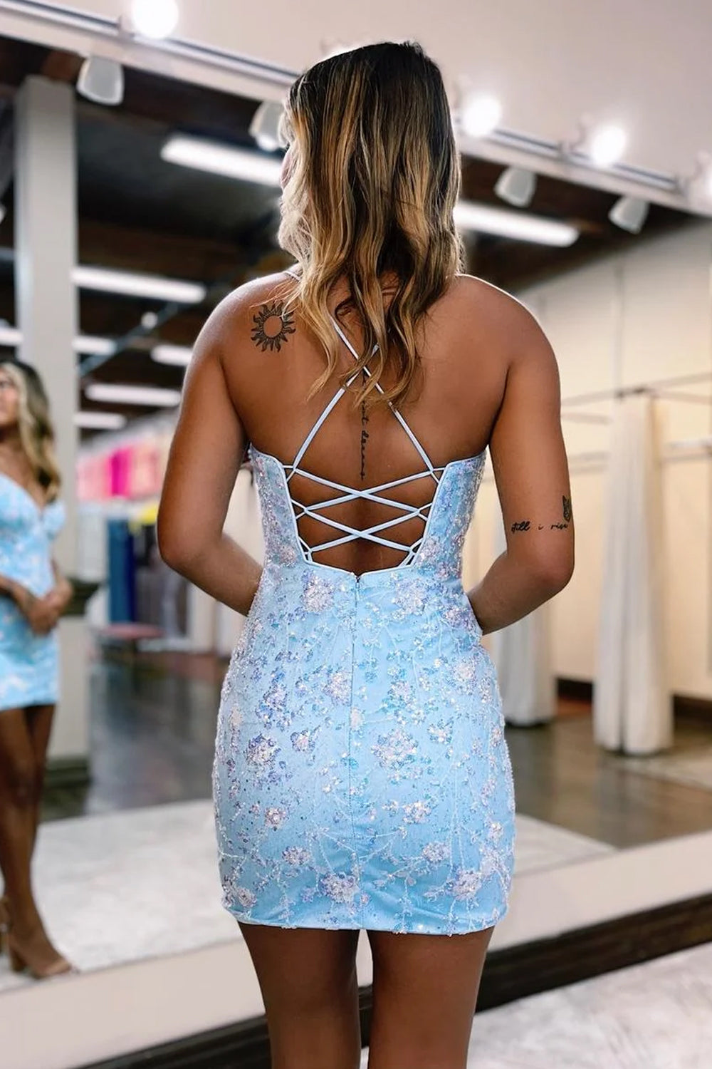 Stylish Bodycon Spaghetti Straps Light Blue Short Homecoming Dress with Beaded