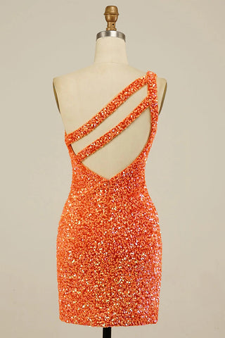 Sparkly Bodycon One Shoulder Dark Purple Sequins Short Homecoming Dress with Keyhole