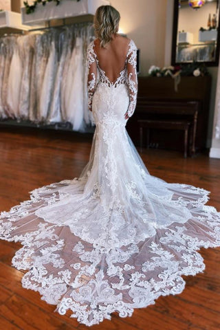 Long Sleeves Lace Wedding Dress Mermaid Overskirt On Sale