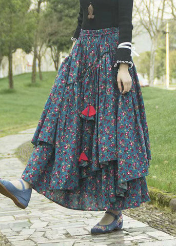 DIY Grey Green Asymmetrical Floral Print Tie Waist Long Skirt Fall