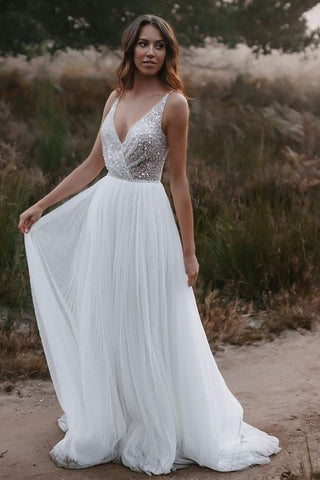 Bmbridal V-Neck Sleeveless Wedding Dress Boho Long Tulle With Sequins