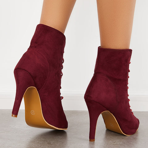 Peep Toe Stiletto High Heel Ankle Boots Lace Up Booties