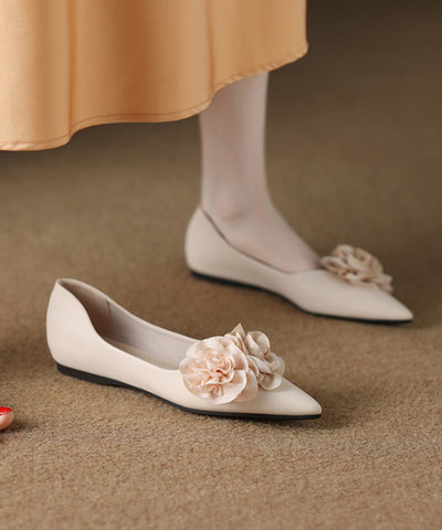 Beige Kunstleder Flache Füße Schuhe Spleißen Floral Spitzschuh