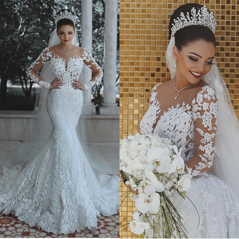 Bmbridal Long Sleeves Mermaid Wedding Dress With Lace Appliques