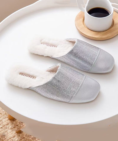 Frauen Silber Hausschuhe Schuhe Spleißen Fuzzy Wolle Gefüttert