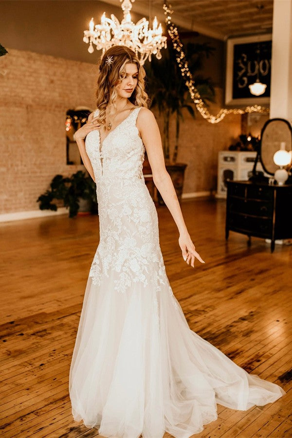 Bmbridal Elgeant V-Neck Wedding Dress Mermaid Lace Tulle Online
