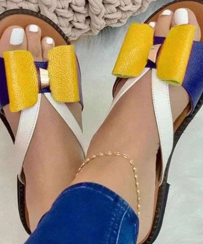 0508Yellow Peep Toe Faux Leather Vintage Splicing Bow Slide Sandals