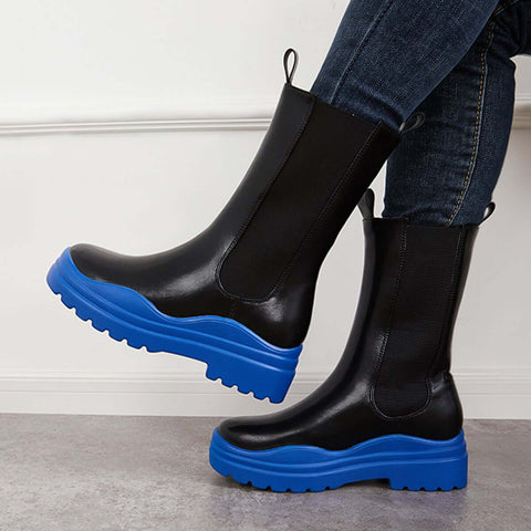 Platform Lug Sole Mid Calf Chelsea Boots Chunky Block Heel Booties