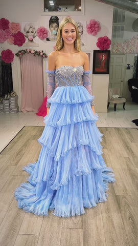 A-line Sweetheart Tiered Organza Prom Dress with Detachable Sleeves